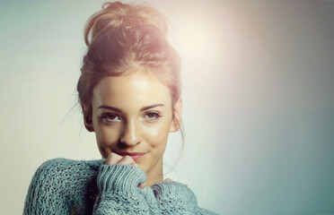 Studio, portrait and girl with casual sweater by mockup for fashion, autumn style and smile with...