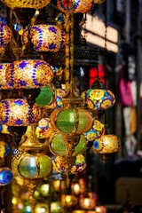 Variety of vibrant glass light fixtures on display in Grand Bazar in Istanbul