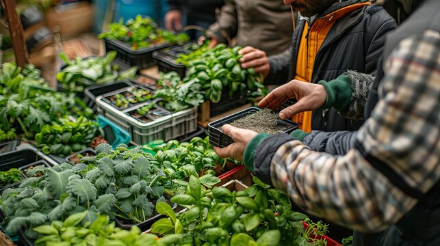 People trading old gadgets for seeds and plants, barter market, communal and sustainable