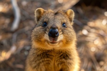 Fototapeta premium Close-up of a friendly quokka in the wild, showcasing its characteristic grin