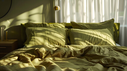 Comfortable bed with olive green linens in modern room interior : Generative AI