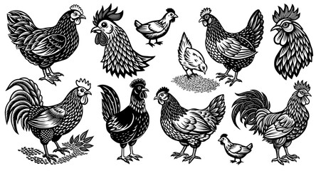 Fototapeta premium Chicken, hen and roosters in various poses, farming animals and birds in a rustic engraving linocut style, agricultural design purposes