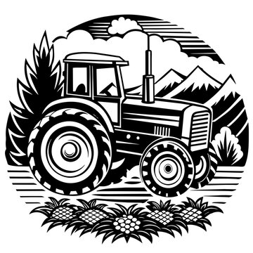 recommend clip art: Black and white line art illustration of a vintage tractor with detailed design showcasing the classic agricultural machinery, perfect for farmingthemed projects and oldfashioned rural imagery