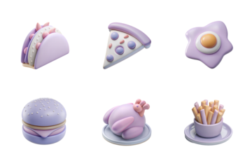 3d realistic icon set. tacos, french fries, chicken, hamburger, egg, pizza