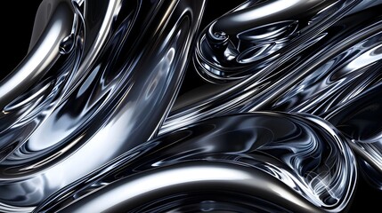 Abstract background of captivating liquid silver chrome swirls forming mesmerizing abstract sculptural patterns in dark futuristic backdrop