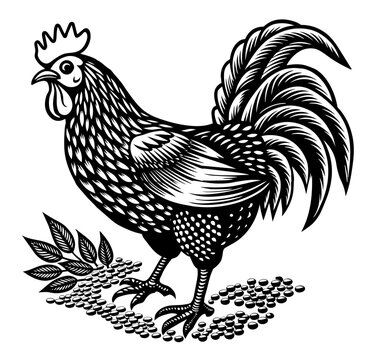 recommend clip art: Vintage illustration of a grazing rooster that eats grain, monochrome linocut of a farm chicken, suitable for agriculture logo