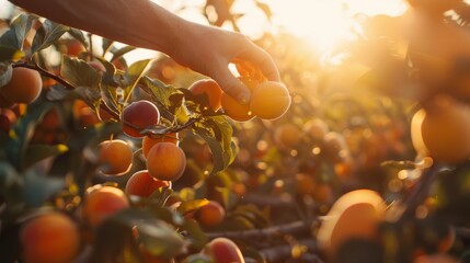 Explorer Reaching Apricots, Soft Glow, Documentary Style