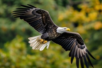Stunning capture of a bald eagle soaring with outstretched wings, showcasing its grandeur against a blurred forest backdrop