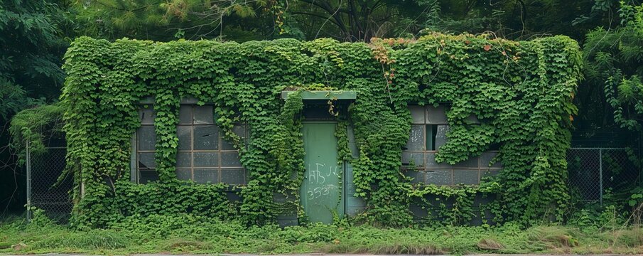Overgrown vines covering a oncebusy tech shop, natures slow and steady reclaiming, green and enveloping