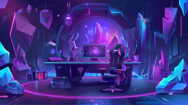 An offline stream cartoon wallpaper banner design for a gamer with computer, table, and armchair. A futuristic esport layout with social media buttons.