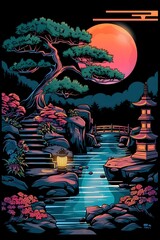 Serene Japanese Garden with Winding Path Lanterns and Bonsai Trees