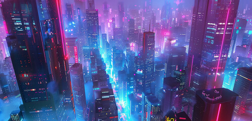 A technologically advanced metropolis shrouded in a dense fog of neon lights, where skyscrapers rise like liquid pillars, reflecting the myriad colors of the urban landscape.