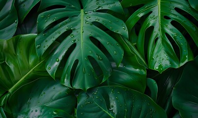 Obraz premium Green Monsterra Leaf Closeup, Generative AI