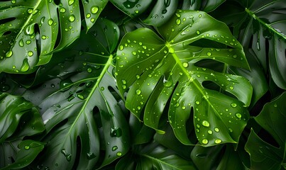 Green Monsterra Leaf Closeup, Generative AI