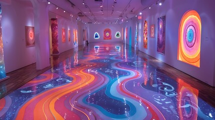Immerse yourself in the vibrant colors and dynamic patterns of a digital art installation, where...