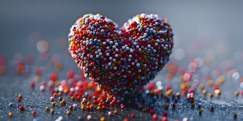 A large heart of bright multicolored round candies dragees on a dark blur background Sugar candies.
