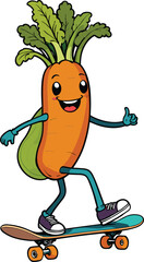 Vector of a cartoon illustration of a carrot character riding a skateboard