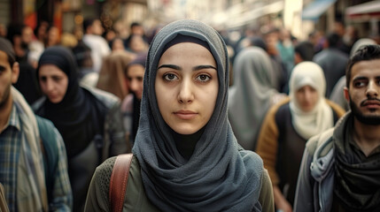 pretty, beautiful, very attractive middle eastern young woman looking at the camera posing at an Arab city market.