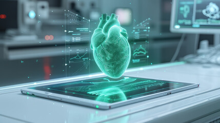 Vibrant green 3D holographic heart that is projected from a tablet on which pulse lines and more data appear