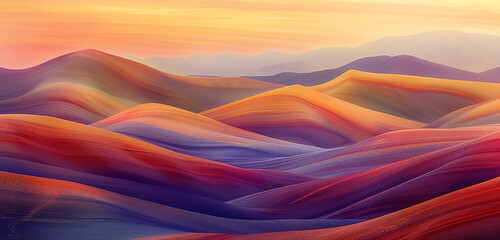 An abstract landscape of rolling hills and valleys, bathed in the warm glow of a sunrise, where the colors blend seamlessly with the undulating, liquid-like terrain.