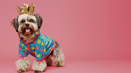 Joyful canine adorned in Miss Universe attire and tiara