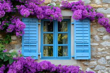 Fototapeta premium Quaint stone house with blue shutters framed by vibrant bougainvillea blooms