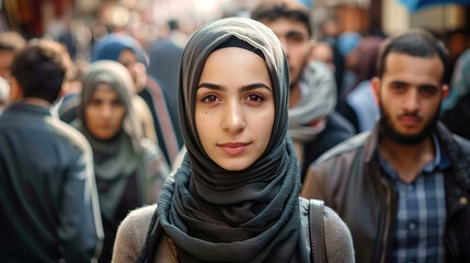 pretty, beautiful, very attractive middle eastern young woman looking at the camera posing at an Arab city market.