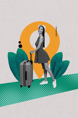 Vertical photo collage of happy girl wear panama sexy dress baggage vacation relax travel plant leaves palm isolated on painted background