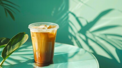 Iced Coffee with Cream in a Plastic Cup Resting on a Mirror Surface
