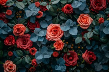 Obraz premium romantic dimly lit blue, red, whit floral studio backgdrop