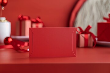  empty red card on the table, some gifts on the table