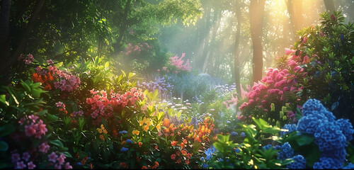 An enchanted garden hidden deep within a dense forest, where colorful flowers bloom among winding vines, their petals shimmering with liquid-like iridescence in the dappled sunlight.
