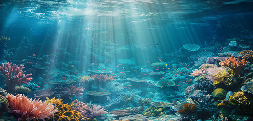 An underwater wonderland teeming with vibrant coral reefs and exotic sea creatures, illuminated by sunlight filtering through the surface, casting liquid-like reflections below.
