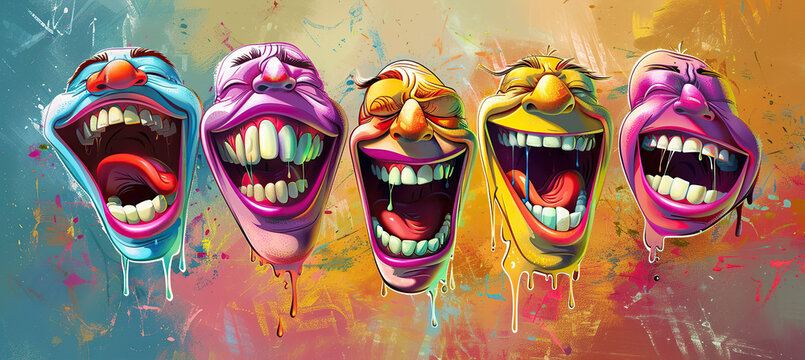 Funny clowns' masks laugh with wide open mouths. Joke Day celebration