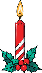 Vector illustration of a burning candle on a festive holiday background of holly berry leaves.