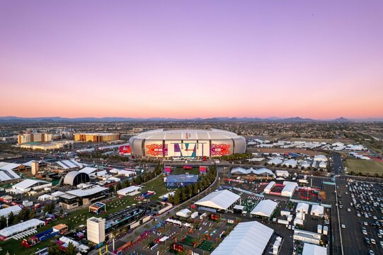 Aerial view of Super Bowl LVII Statefarm stadium in Arizona at sunset