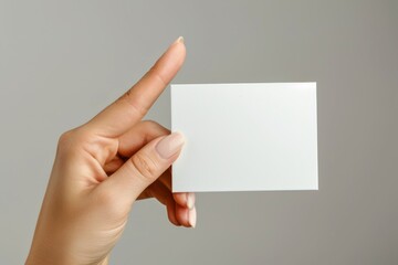  woman hand holding white and empty business card. 
