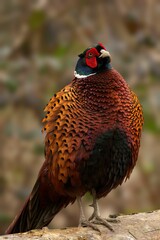 Pheasant perched on top of an isolated rock in a vast grassy landscape