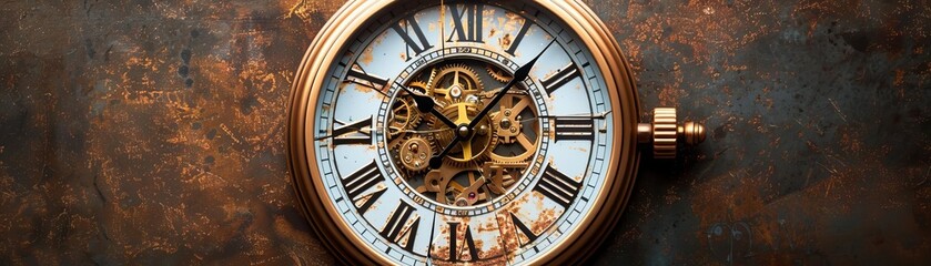 The image is a photo of a steampunk clock. The clock is made of metal and has a brown and gold finish. The clock is surrounded by gears and other mechanical parts.