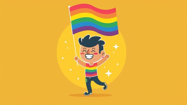 A cheerful character posing with a rainbow flag in a colorful flat design vector