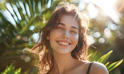 Woman in Stylish Green Top Enjoying Sunny Weather, Generative AI