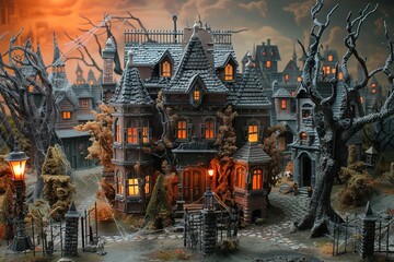 Spooky Halloween Town 3D illustration.