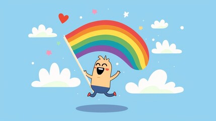 A joyful character surrounded by rainbow flags and balloons in a flat design vector illustration