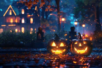 Spooky Halloween Town 3D illustration.