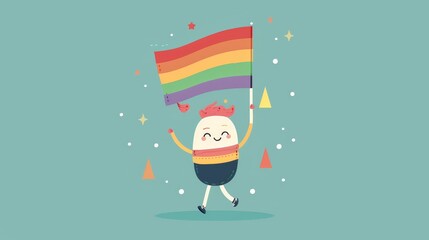 A joyful character surrounded by rainbow flags and balloons in a flat design vector illustration