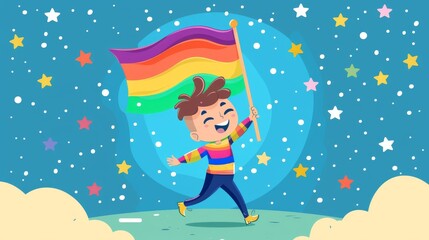 Naklejka premium A joyful character surrounded by rainbow flags and balloons in a flat design vector illustration