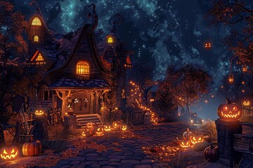 Obraz premium Spooky Halloween Town 3D illustration.