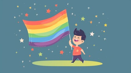 A young boy is waving a rainbow flag. He has short dark hair and is wearing a red shirt and blue pants. There are stars twinkling in the background.