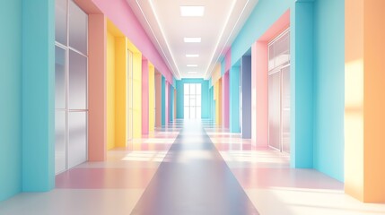 School hallway flat design front view, bustling theme, 3D render, colored pastel