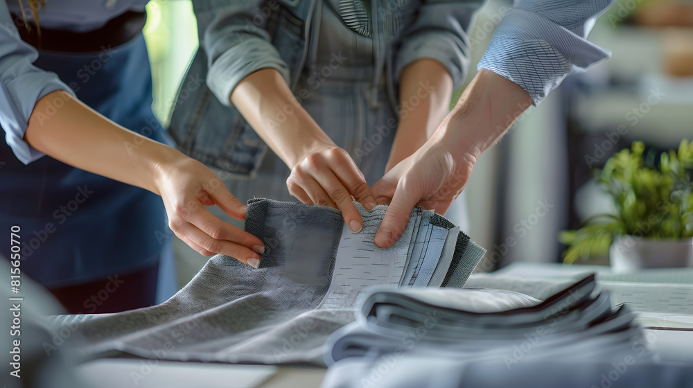 Wall mural Professional interior designers working together on a project in their office they are checking fabric swatches and picking the right color palette hands close up : Generative AI